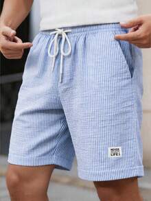 Quần short nam mùa hè dáng casual kẻ sọc, gấu quần xắn, cạp chun có dây rút. - Màu xanh lam - Xem 2