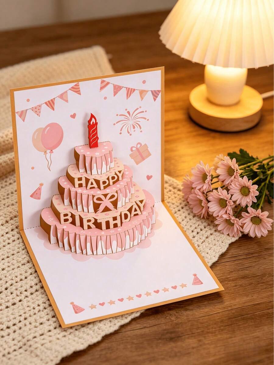 1 pièce Carte d'anniversaire pop-up 3D faite main, avec un gâteau et un design de ballons vifs avec le texte "Joyeux anniversaire", idéal pour offrir à des amis et à la famille, parfait pour les fournitures de fête d'anniversaire, les événements de célébration et les décorations de fête d'anniversaire.