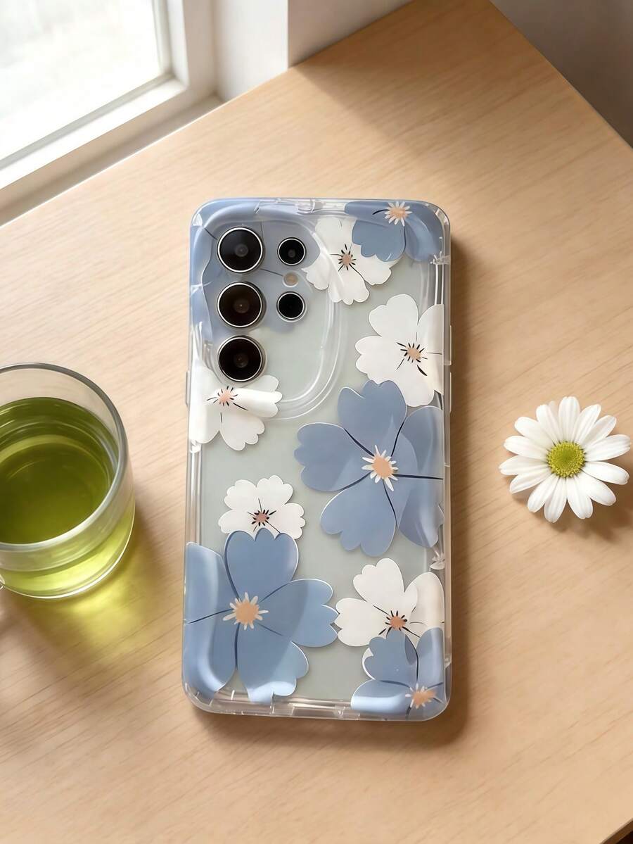 1pc Cream Dopamine Wave Ruffle Soft TPU Texture Phone Case, Cute Blue Daisy Floral Print Compatible With Galaxy S21 S22 S23 S24 S25 S26/Honor/ Etc. - Clear - View 1