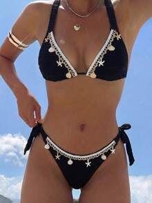 2pcs/Set Set Bikini Kasual Seksi Dekoratif Tema Laut Wanita, Baju Renang Leher Halter Warna Polos untuk Liburan Musim Panas di Pantai - Biru Merak - View 10