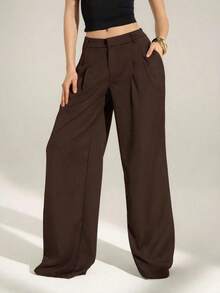 ZZL  Tall Old Money Sexy Business Casual High Waist Pleated Wide Leg Pants – Elegant Solid Color Loose Trousers, Professional Office Wear, Chic Tailored Work Pants For Women Black Dress Pants Loose Pants - màu nâu - Xem 4