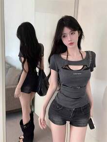 レディース レース切替 ホルターネック 半袖 Tシャツ グレー ダメージ加工 フェイクレイヤード スリム 着痩せ セクシー 甘辛 ピュア トップス 春夏 - グレー - チェックする 2