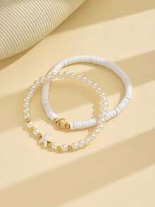 2pcs/Set Gelang Kaki Manik-Manik Motif Kerang & Bintang Laut Gaya Musim Panas, Gelang Kaki Perhiasan Mutiara Imitasi Buatan Tangan untuk Wanita, Cocok untuk Pemakaian Sehari-hari dan Pesta Liburan - MultiWarna - View 3