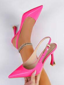 Giày sandal cao gót hở gót mũi nhọn, kiểu dáng thanh lịch, màu sơn mài, dành cho mùa hè mới. - Màu Hồng Tươi - Xem 4