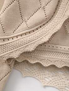 Girls' Spring Elegant Hollow Design Argyle Pattern + Lace Trim Knit Cardigan, Soft And Sweet, Suitable For Daily Wear Or Outings - Khaki - View 4
