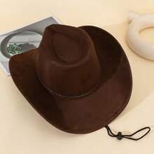 Classic Cowboy Hat For Men Women Brown/Black/Tan Western Style,Soft Suede-Feel , Wide Brim Felt Fedora With Braided Leather Band & Adjustable Chin Strap, UV Protection Vintage Style Sun Hat For Men Women, Rodeo & Outdoor Use - Multicolor - View 4