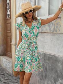 Vestido corto de verano con estampado de paisley, volantes y cinturón para la playa - Verde - Ver 7