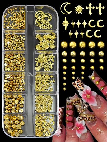 12 Grids Multi-Size Gold Metal Nail Art Decorations, Mixed Styles Including Round Beads, Moon, Cross, Sunflower, Star And Hollow Ring Charms For DIY Manicure Supplies