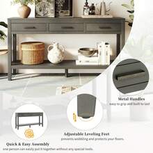 62.2'' Farmhouse Entryway Console Table With 3 Drawers & Bottom Shelf, Painted Sofa Table With Iron Handles, Minimalist Accent Table For Living Room, Hallway & Office - Grey - View 2