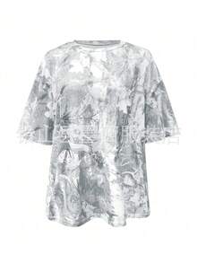 Women Camo Print Round Neck Short Sleeve Oversized T-Shirt, Casual Street Loose Fit Top - trắng - Xem 8