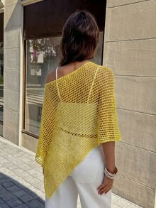 Women's Summer Side Top With Asymmetrical Hem, Lightweight And Breathable Shiny Fabric, Loose Fit Suitable For Various Figures, Casual Beach Top, Bohemian Style Summer Outfit CJ77 - 黃色 - 查看 7