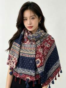 1 chiếc khăn choàng du lịch tua rua phong cách Bohemian dành cho nữ, chống nắng. - Màu xanh hải quân - Xem 2