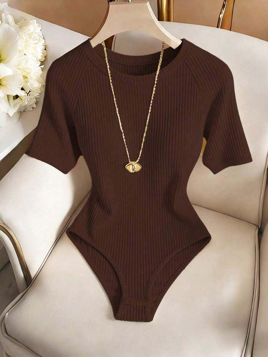 Body entero elegante casual nueva  2026 cuello redondo manga corta punto canalé ceñido básico mujer uso diario primavera otoño - Café integral - Ver 1