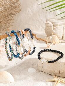 6pcs Fashion Turquoise Cross & Colorful Crystal Beaded Elastic Bracelet Set, Suitable For Women Daily Wear And Gift - Multicolor - View 4