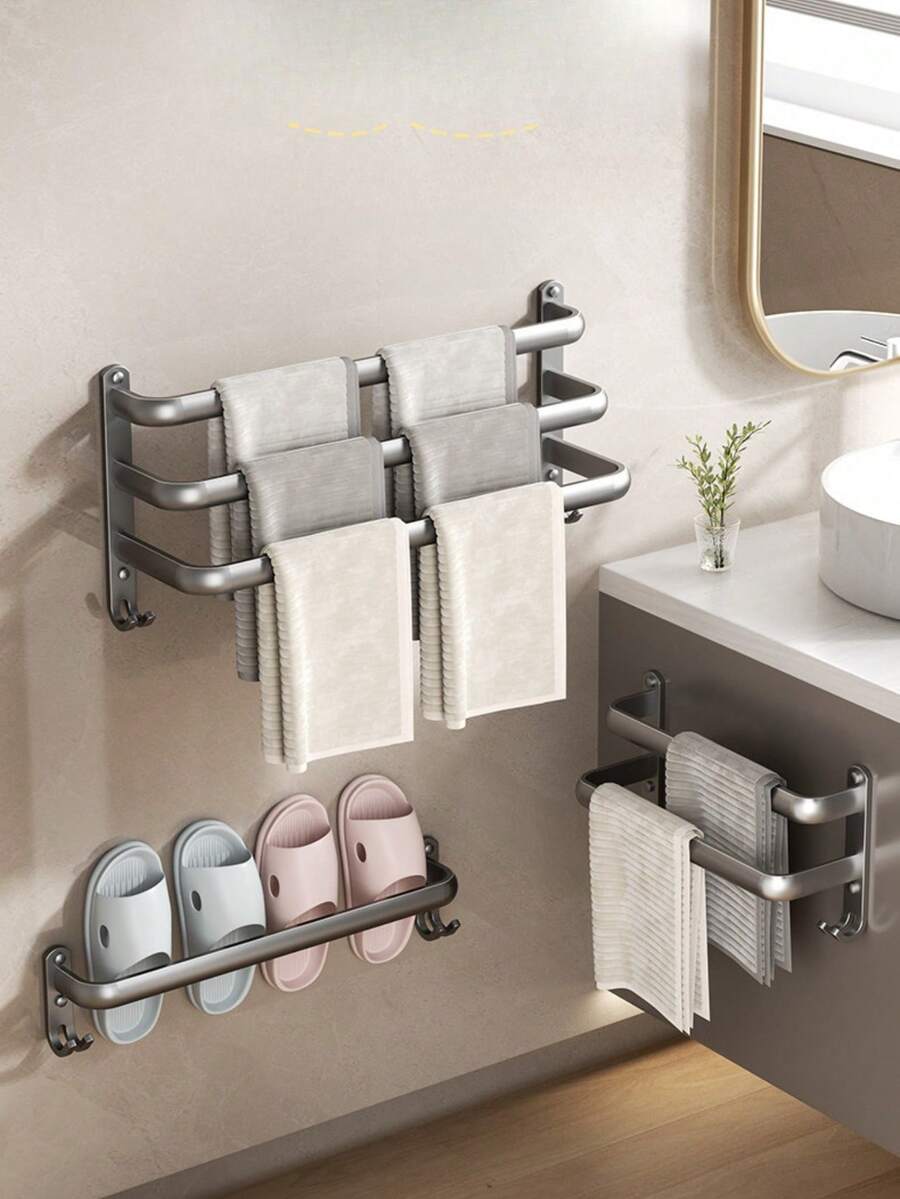 1 thanh treo khăn đôi gắn tường 16 inch, giá treo khăn 2 tầng bằng nhôm có móc, không cần khoan hay bắt vít, giá treo khăn phòng tắm hiện đại tiết kiệm không gian cho phòng tắm và nhà bếp.