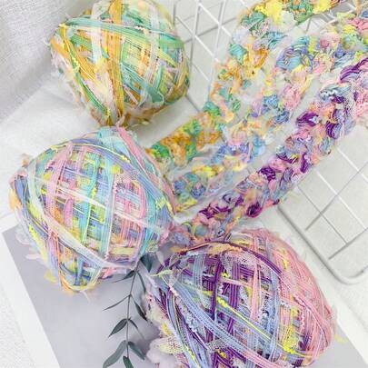 1包100克手工新奇花式纱线，春夏渐变多色混纺纱线，多股混纺网眼蕾丝缎带纱线，适用于编织、钩编、DIY包袋、手工配饰和工艺项目