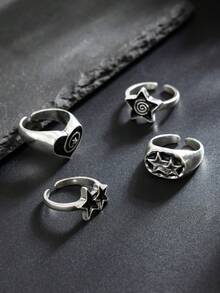 4pcs Punk Spiral Star Ring Set, Personalized Accessories, Suitable For Men's Daily Wear, Gift For Friends And Classmates - Antique Silver - View 3