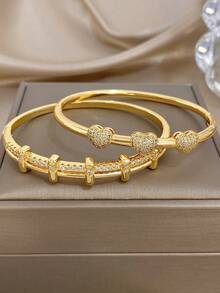 18K Gold Plated Anti-Fading Elegant Pave Heart&Linear Zirconia Bangle Bracelets Set,Suitable For Women Daily Wear, Dating, Parties,Gathering, Beach Vacation,Holidays,Spring,Valentine's Day Gift,Gifts For Mom,Boho,Wedding Season,Bridesmaids,Anniversary,Music Festival Easter Day - Multicolor - View 5