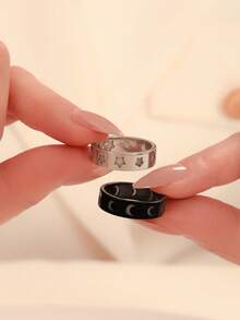 ATLVXJL Bộ 2 chiếc nhẫn đôi hình ngôi sao và mặt trăng rỗng phát sáng, thích hợp để đeo hàng ngày và làm quà tặng ngày Valentine. - Nhiều màu - Xem 2