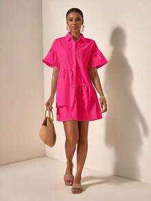 Vestido casual de verano suelto y simple con botones en la cintura - Verde Oliva 3 - Ver 11