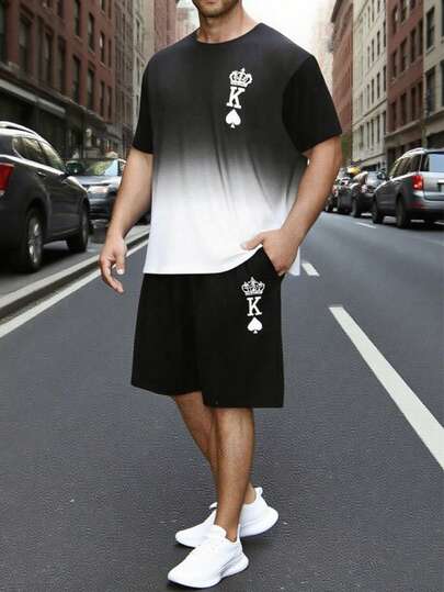 AICJ 2 piezas Conjunto de ropa de dormir casual para hombres, camiseta con gráfico de corona y corazón de naipe con bolsillo y pantalones cortos, conjunto de ropa de estar en casa adecuado para primavera y verano