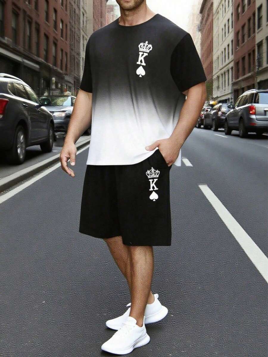 2 件男士休闲睡衣套装，皇冠和扑克牌心形图案 T 恤带口袋和短裤，家居服适合春夏季