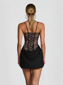Đầm dự tiệc cocktail ngắn ôm sát người, thanh lịch với dây đeo mảnh, chất liệu ren và satin phối bèo nhún. - màu đen - Xem 4