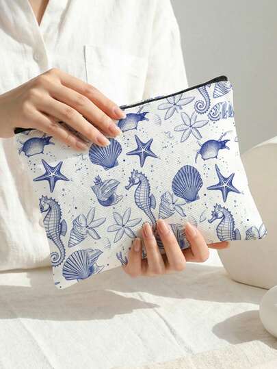 This Is A Large-Capacity, Foldable Cosmetic Bag/Toiletry Bag/Storage Bag Made Of Rice-Grain Fleece Fabric. It Features A Printed Marine Elements Pattern, Making It A Portable Travel Toiletry And Storage Bag. The Lightweight Zipper Design Allows For Easy Storage Of Skincare Products, Toiletries, And Stationery.