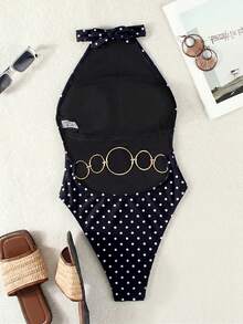 Summer Women's Sexy Black Slim Fit Halter Neck One-Piece Swimsuit, Beach Vacation Party Fashion Elegant Swimwear Set, Suitable For Daily Casual Wear - Black and White - View 6