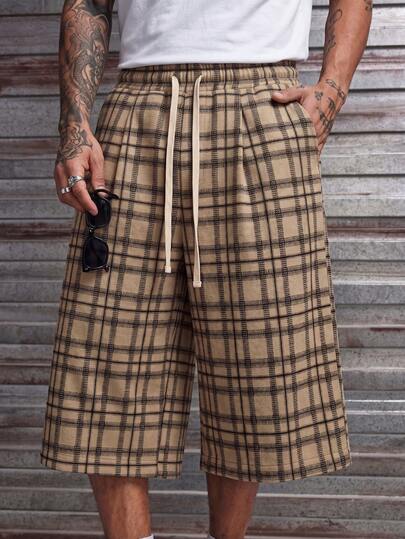  Shorts longs amples à carreaux beiges Fractyr pour hommes, shorts de rue doux et preppy avec cordon de serrage, bas d'été rétro décontracté Y2K