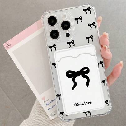 1pc Bow Decor Camera Lens Hole With Card Slot Thick TPU Transparent Phone Case, Suitable Compatible With Apple 17, AIR, 17PRO, 17PROMAX, 16promax, 14/13, 12, 11 Pro Max, XS Max, X, XR, Anti-Drop Phone Case, Can Be Used As Birthday Gift, Girlfriend, Boyfriend Or Self-Use