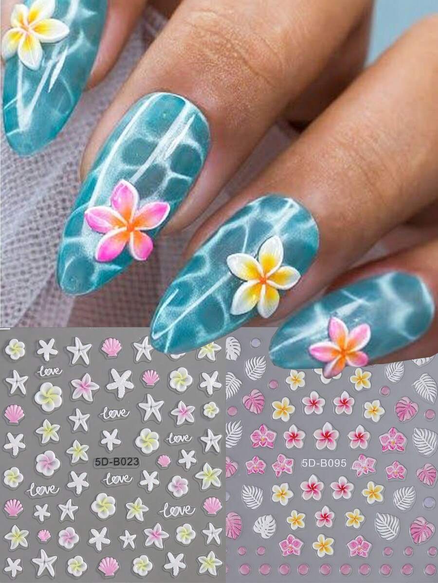 2pcs Orchid & Frangipani Flower Nail Art Stickers, Ocean Floral Shell Starfish Pearl Summer Holiday Style Self-Adhesive Nail Decals DIY Nail Art Supplies Stickers - Multicolor - View 1