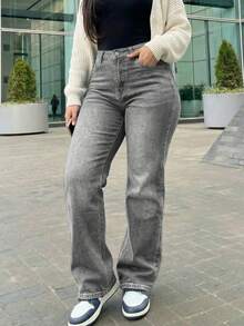 Jeans rectos de pierna ancha y estilo vintage para mujer, casuales para primavera - Gris Claro - Ver 4
