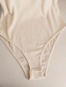 Body entero elegante casual nueva  2026 cuello redondo manga corta punto canalé ceñido básico mujer uso diario primavera otoño - Café integral - Ver 11