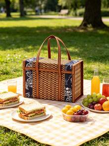 1pc Large Vintage-Style Rectangular Bamboo Picnic Basket - Stacking, Foldable, Portable, Woven With Lid For Snacks & Fruits - Multipurpose, Retro Design For Outdoor Use - A - View 4