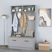 Wooden Coat Rack Stand With Shoe Bench & Hooks For Hallway Entryway Bedroom - Grey - View 6