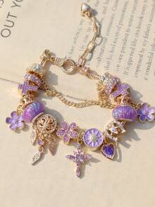 1 pieza Pulsera con dije de flor de jardín púrpura, 1 pieza Pulsera con corazón de flor de cerezo púrpura, Pulsera de cruz solar de cuento de hadas DIY - Dorado - Ver 13