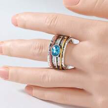 Women's Retro Tri-Color Wide Band Ring, Inlaid With Blue Synthetic Cubic Zirconia, Atmospheric Party Ring - Silver - View 3
