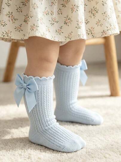 1 Pair Girls' Mesh Bow Knee High Socks, Breathable Non-Sweating Calf Length Socks