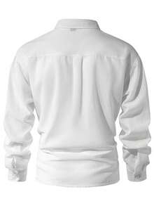 Camisa de lino para hombre, minimalista, blanca, con textura transpirable de manga larga casual - Blanco - Ver 8