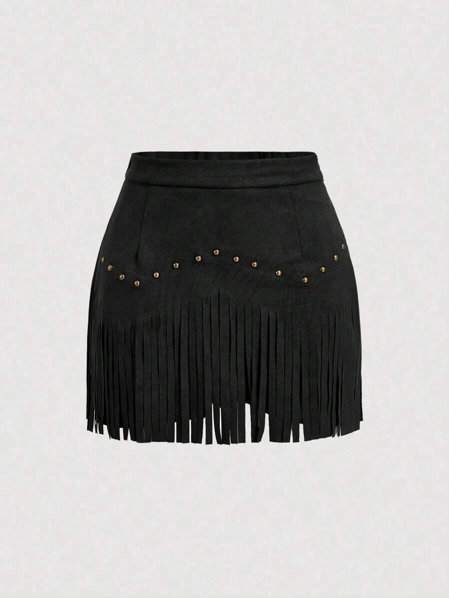 Falda A-Line de ante negro con remaches y flecos estilo hippie vintage para mujer, falda de otoño, atuendos de Nashville, falda de pirata - Negro - Ver 1