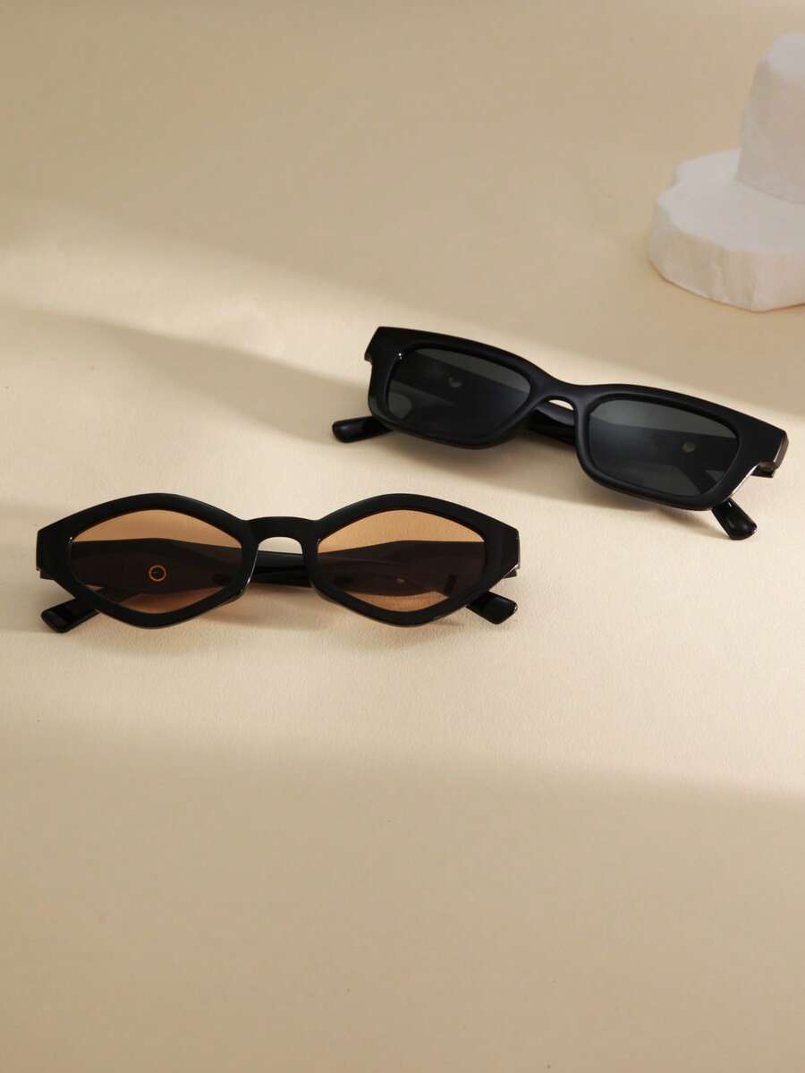 2pcs Women's Square & Rhombus Shaped Glasses Set, Suitable For Camping, Party, Photography, Valentine's Day Gift, Fashion Eyewear - 2-piece Set / Square Black Diamond-shaped Tea Leaves - View 1