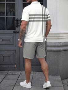 Men's Striped Print Short Sleeve Polo Shirt And Shorts Set, Casual Everyday - Multicolor - View 5