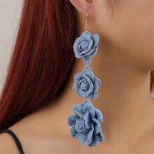 1 Pair Of Handmade Denim Flower Earrings With A Vintage Vibe, Fabric Floral Tassel Earrings, Exaggerated Earrings For Women - Blue - View 5