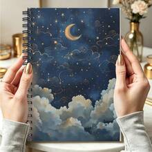 DANPERJI 1pc A5 Soft Cover Notebook, 180° Lay Flat Lined Journal, Blue Sky Moon & Cloud Print, Whimsical Celestial Diary - Blue Gold - View 8