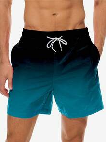 Summer Quick Drying Beach Shorts With Pocket Drawstring Elastic Waist Design, Loose And Breathable Quick Drying Five Quarter Pants, Hawaiian Style Bea - 深青色 - 查看 1