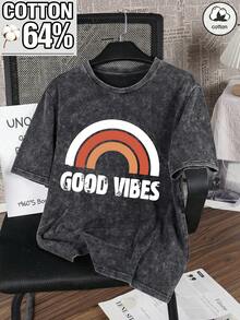 大码女式时尚纯棉酸洗圆领T恤，印有“Good Vibes”字样，适合女士通勤、上学和休闲购物穿着。黑色 - 黑色 - 查看 3