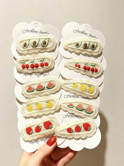 4pcs/Set Sweet & Fresh Embroidered Hair Clips, Cute Lace Edge Hair Pins, Pastoral Fruit Hair Accessories Suitable For Girls