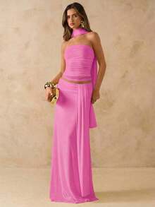 Conjunto de 2 piezas de top bandeau drapeada de color rosa sólido y falda larga drapeada y anudada a la cintura baja, conjunto de ropa de playa y vacaciones, vestido bohemio de espalda descubierta, atuendo para conciertos de mujer, vestimenta de - Rosado Sandía - Ver 4
