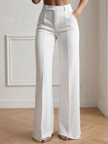 Solid Color Mid-Waist Straight Leg Flared Pants, Women's Minimalist Versatile Commuting Casual Trousers For Office & Daily Wear White - White - View 4